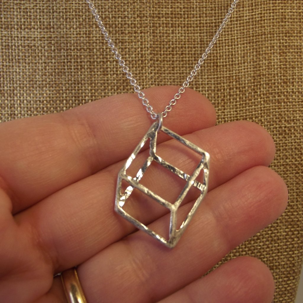 Silver Tone Necklace Think Outside The Box Box Shaped Charm Pendant